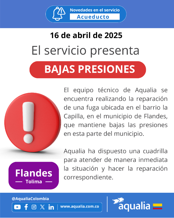 Bajas de presión por fuga presentada en el barrio La Capilla de Flandes